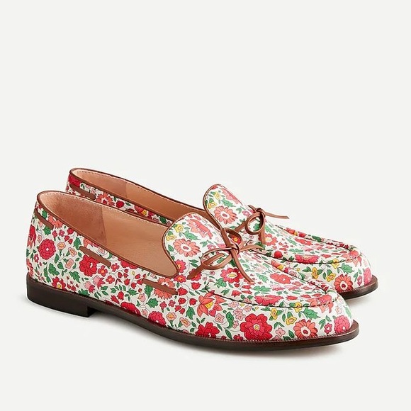 J. CREW NWT Red White & Pink Floral Printed Liberty w/ Leather Bow Loafers Flats - Picture 3 of 12